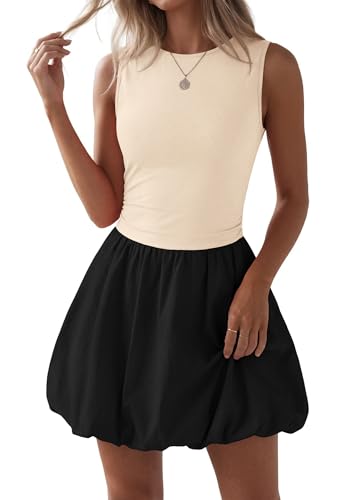 Image of KIRUNDO Summer Dresses for Women 2026 Cute Mini Sleeveless Bubble Dress | Stretchy Ruched Front Cinched Waist, Woven Balloon Skirt, Crewneck Tank Sundress With Pockets, Casual Party Vacation Outfits