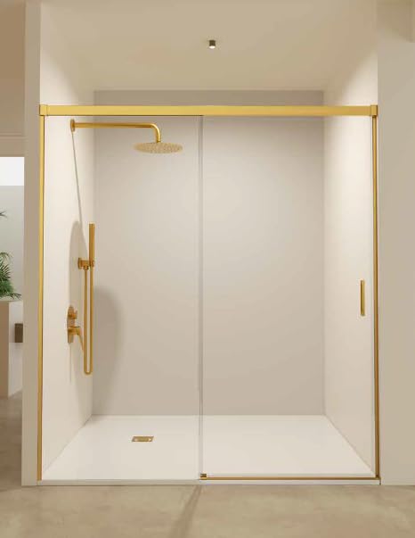 Mice - Mampara de Baño Frontal / 1 Panel Fijo + 1 Puerta Corredera/Mampara de bañera/Cerramiento de ducha/Mampara corredera con perfilería de aluminio color Oro Cepillado/Medida 140 x 195 cm