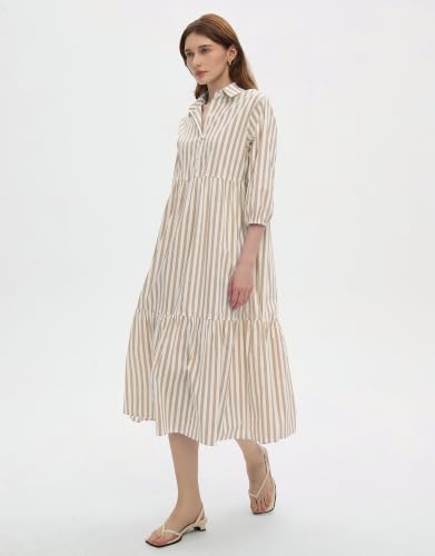 Image of EZAPINE Womens Babydoll Striped Shirt Midi Dress Puff Long Sleeve Collared Button Tunic Flowy Swing Dresses