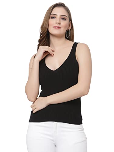 Image of Kalt Women Knitted, Ribbed Cotton Fitted Sleeveless V-Neck Cami Tank Top for Women Stylish