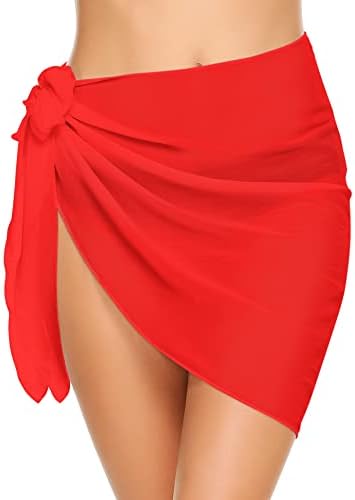 Ekouaer Womens Beach Short Sarong Sheer Chiffon Cover up Soild Color Swimwear Wrap,Red,X-Large