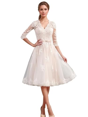 Lace Boho Vintage Wedding Dresses for Bride Long Sleeve Tea Length Wedding Dress for Women Tulle A Line Bridal Shower Dress