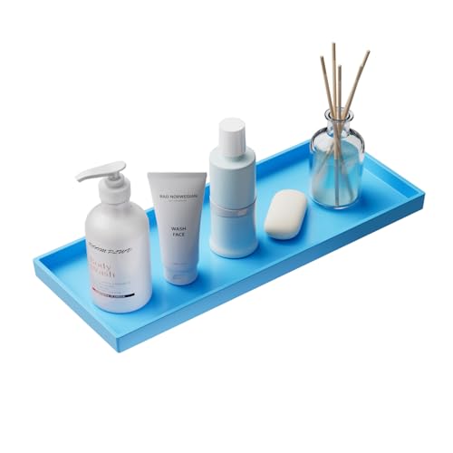 Mriluvy Vanity and Bathroom Tray, 15" ABS Countertop Organizer,Waterproof Vanity Tray for Toilet Tank,Perfume,Soap,Keys,Bathroom Accessories,Kitchen and Bath Trays,Non Slip Small Trays,Blue