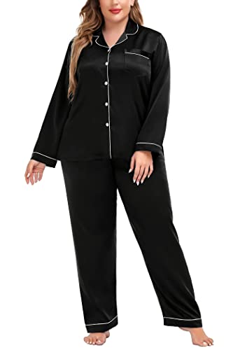 Swomog Plus Size Pajamas Long Sleeve Pajama Set Silk Pj Set Button Down Sleepwear Bridesmaid Pjs Satin Pajama Set 22W Black #TOP2