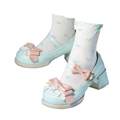 ZQW Women's Kawaii Mary Jane Shoes Low Block Heel Round Toe Bow Lace Trim Sweet Cute Ankle Strap for Lolita Cosplay Daily Wear Party Shoes