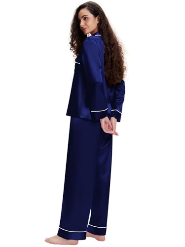 Lonxu Womens Silk Satin Pajamas Set Sleepwear Loungewear Navyblue L