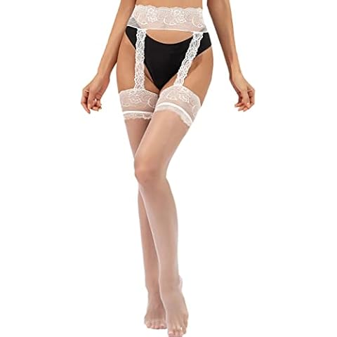 deladola High Waist Tights Fishnet Stockings Lingerie Lace Sexy Sheer Mesh Suspender Pantyhose for Women and Girls (White) Cover