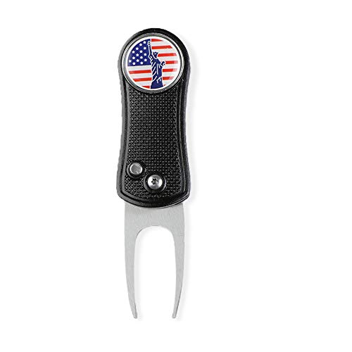 HAIYUE All Metal Foldable Golf Divot Tool Switchblade with Pop-up Button Pattern Magnetic Ball Marker, Statue of Liberty, Black