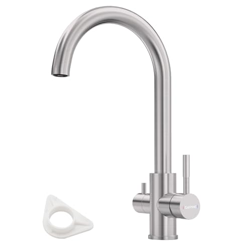 DAYONE 3 Way Drinking Water Tap with Filter, 3 IN 1 Kitchen Faucet, SUS304 Stainless Steel, 360° Swivel, Dual Handle 1 Hole, Brushed