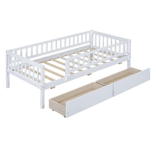 Flieks Wooden Daybed, Twin Size Bed Frame With Two Drawers For Kids Teens Adults, Wood Slat Support, No Box Spring Needed, Easy Assembly, White #TOP3