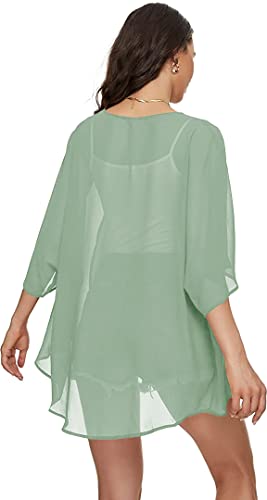 Image of Indian Trendy Women's Solid Puff Sleeve Kimono Cardigan Loose Cover Up Casual Blouse Top Chiffon