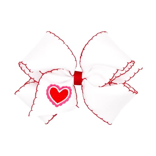 Wee Ones Girls' Heart Embroidered Moonstitch Edge Hair Bow, Medium or King, on WeeStay No-Slip Clip, King, White Red image 5