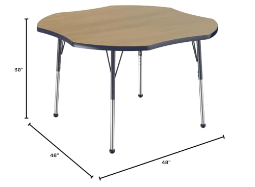 Image of FDP Clover (48 x 48 inch) Collaborative Classroom Table with Adjustable Standard Ball Glide Legs (19-30 in) School and Office Furniture - Pasadena Oak Top /Navy Edge and Legs