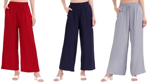 Image of Buy That Trendz Palazzo Pants for Women Rayon Elasticated Regular Fit Flared Wide Leg M to 6XL Pack of 3