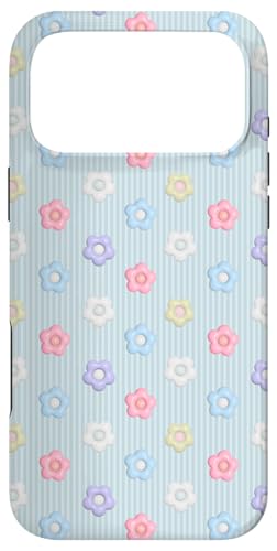 ライトブルーのストライプにパステルゼリーの花 スマホケース iPhone 17 Pro Max 用