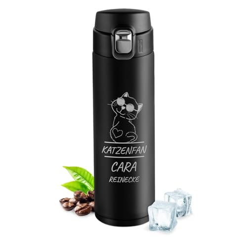 Maverton Thermobecher Kaffeebecher mit Gravur 400 ml - Trinkflasche Edelstahl - auslaufsicher - 100% dicht - Easy-Clean-Deckel - für Frauen zum Geburtstag - schwarz - Katzenfan