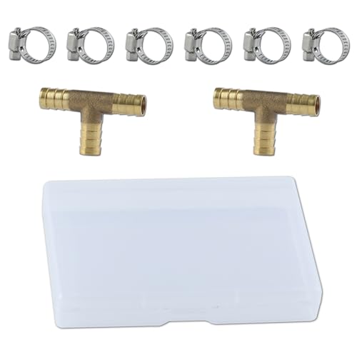 GOLD DEER 2PS 3/8" Brass Barb Tee Fittings ID Hose Pipe Fitting T-Shaped 3 Ways Hose Barb Reducer 3 Way Union Intersection Fitting Barbed Tee Connector with 6 PCS Hose Clamp for Oil Water Air