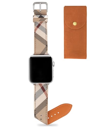 Designer Watch Band for Women Compatible with Apple Watch Bands 41mm 40mm 38mm, Luxury Leather Classic Beige Plaid Watch Band Compatible for iWatch Series 10/9/8/7/6/5/4/3/2/1/SE