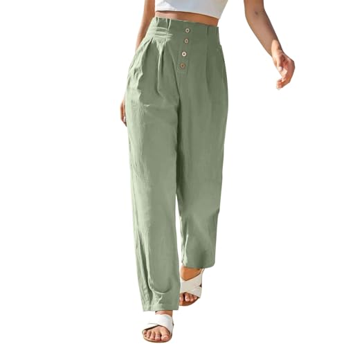 Womens Linen Pants Summer High Waisted Work Pants Trousers Lightweight Paperbag Elastic Waist Pants with Pockets