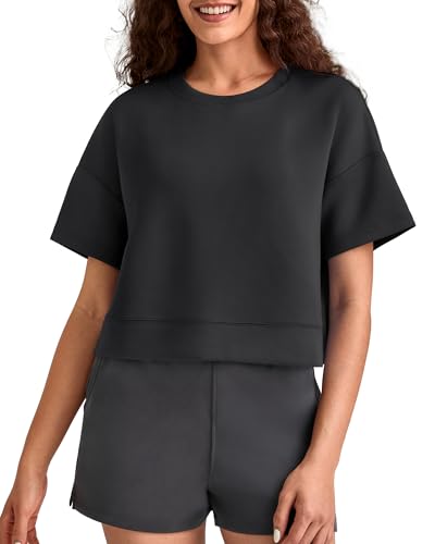 G4Free Short Sleeve Tee Shirts for Women Loose Fit Basic Pullover Boxy Tops Stretchy Lounge Daily Wear Casual (Black L)