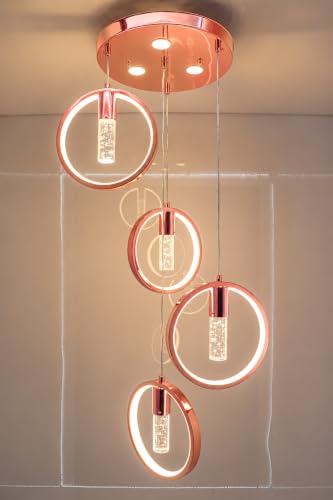 Image of swanart Rose Gold Crystal Pendant Light, 4 Crystal Hanging Light with 3 Color LED, Modern Chandelier for Living Room, Decorative Ceiling Light for Bedroom & Dining Room
