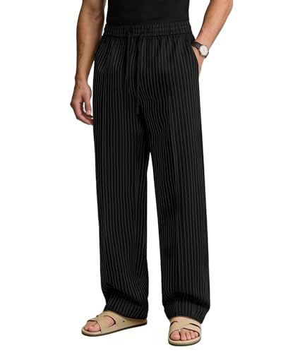 Susclude Mens Baggy Pinstripe Pants Vintage Pleated Drawstring Wide Leg Trousers Work Loose Fit Baggy Slacks Black