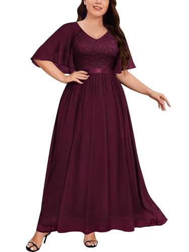 Knitee Women's Plus Size Half Sleeves Cape Dress Lace Chiffon V Neck Evening Party Maxi Dress