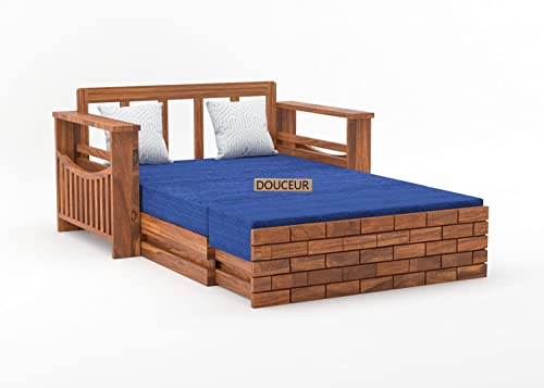 Image of Douceur Furnitures Solid Sheesham Wood Wooden Frame Two 2 Seater Sofa Cum Bed for Living Room,Hotels,Apartment & Hall | Finish:-Natural Teak | Cushion:-Blue