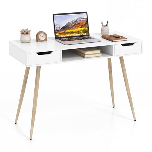 Image of Tangkula Mid Century Modern Desk Simple Computer Desk | White Writing Desk Vanity Table w /2 Drawers & Open Center Storage, Small Wooden Study Table for Home Office & Compact Spaces