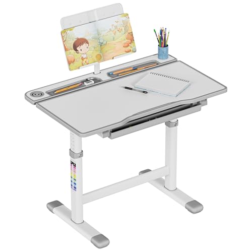 MARK ADLER Study 3.0 Ergonomischer Kinderschreibtisch - Höhenverstellbar - Neigbare Tischplatte - Aufbewahrungsschublade - Robuste Konstruktion - Perfekt zum Lernen und Zeichnen - Grau