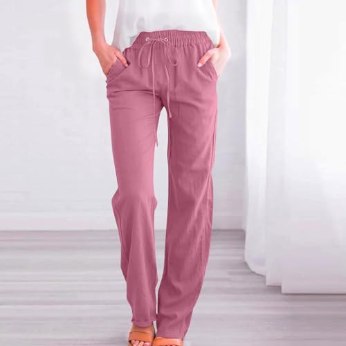 Image of Linen Pants Women High Waisted Drawstring Casual Pant Cotton Linen Straight Leg Lounge Trousers with Side Pockets