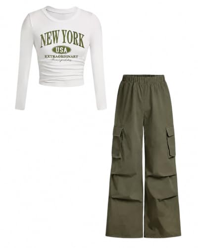 Image of Azmxynol Girls Clothes 2 Piece Outfit Ribbed T-Shirt Top + Cargo Pants, Girls Fall Clothing Set, Sizes 5-16 Years