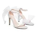 Vertundy Women's High Heeled Stiletto Sandals with Asymmetric Lace Mesh Bows Knot Open Toe Ankle Strap Single Band Strap Heels Sexy Dress Wedding Party Shoes For Ladies White Size 8