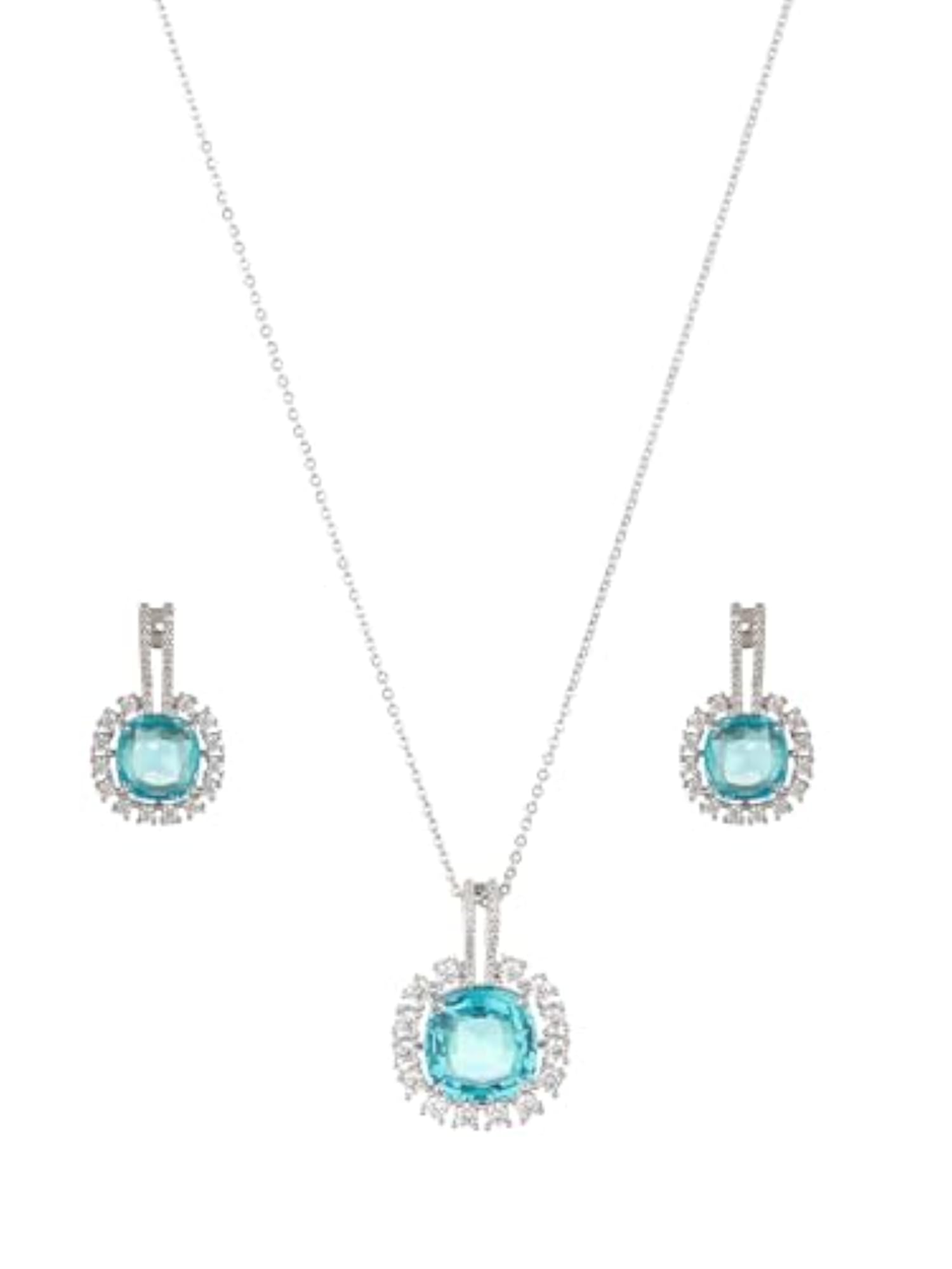 White Plated Aqua AD Studded Statement Locket Set