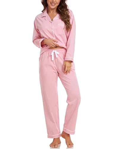 EA'S SECRET Womens Pajama Sets 100% Cotton Long Sleeve Shirt and Pajama Pants Soft Sleepwear Loungewear Button Down Pj Set (Pink,L)