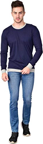 Image of Solid Men Round Neck Navy Blue Cotton T-Shirt