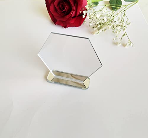 XIAOYUE 5 Sets Acrylic Hexagon Display Stand, Acrylic Mirror Blanks Hexagon Stand ,DIY Mirrored Wedding Signs (5'', Silver Mirror)