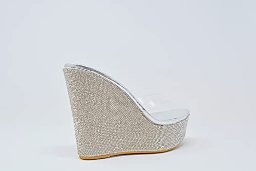 Image of BAMBOO Women's Clear Band Platform Wedge Slide ClearSilver34 Size 9