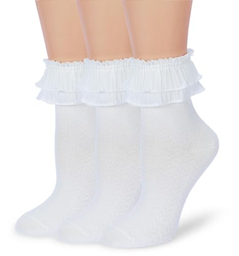Image of Women Ruffle Ankle Socks, Lace Socks Cute Frilly Cotton Socks Girl Princess Socks 3 Pairs
