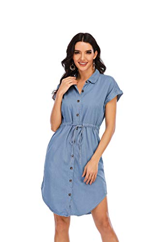 Love Welove Fashion Women's Summer Denim Shirt Dress Short Sleeves Knee Length Button Down Casual With Pockets (Light Blue, Xxl) #TOP1