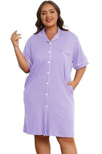 Image of Vozanet Women Button Down Nightgown Plus Size Nursing Nightshirt Boyfriend Nighty Bridal Sleepdress with Pockets XL-5XL