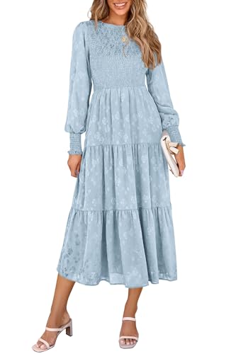 PRETTYGARDEN Women's Fall Spring Midi Dress Long Sleeve Floral Smocked