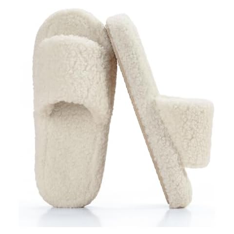 Parlovable Fuzzy Slippers for Women Open Toe Curly Fur Fluffy House Shoes Memory Foam Thick Sole Non-Slip Slides Cozy Sandals Indoor Outdoor Cream 7-8 Cover