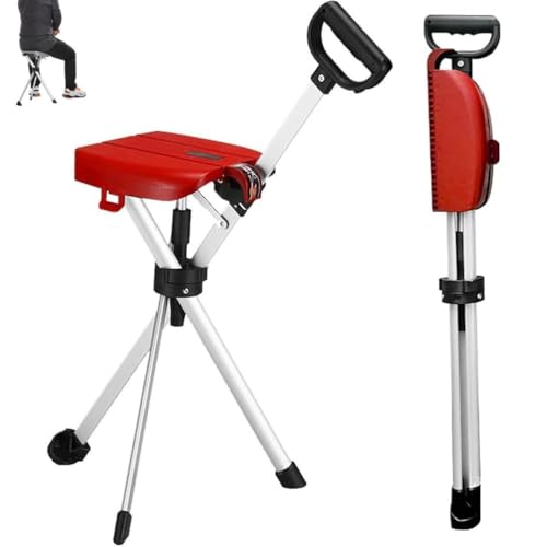 ポータブル杖 シート付き 折りたたみ椅子 登山杖 軽量アルミ 持ち運びに便利人間工学 滑り止めキャンプ ハイキング、女性/男性杖椅子、高齢者滑り止め杖,赤