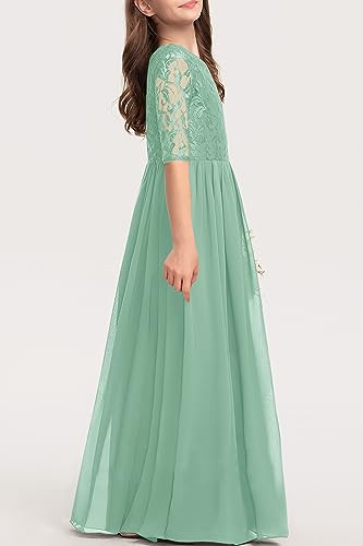 Hosika Flower Girls Dress High Waist A-Line Lace Wedding Junior Bridesmaid Maxi Dresses Light Green 12-13 Years thumb #3