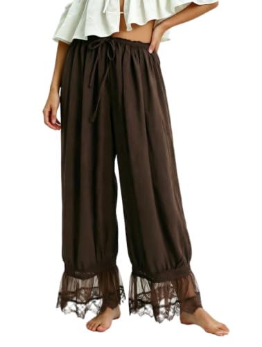 Image of UAURORAO Women Lace Trim Bloomer Pants Flowy Culottes Pantaloons Bloomers