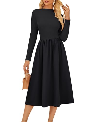GRACE KARIN Women's Long Sleeve Fall Dress 2025 Mock Neck Midi Patchwork Dress Casual Wedding Guest Flowy Dresses Pockets