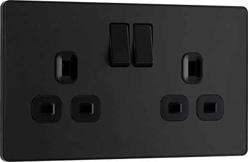 British General BG Electrical Double Switched Power Plug Wall Socket, Screwless, Evolve, Matt Black, 13A, PCDMB22B