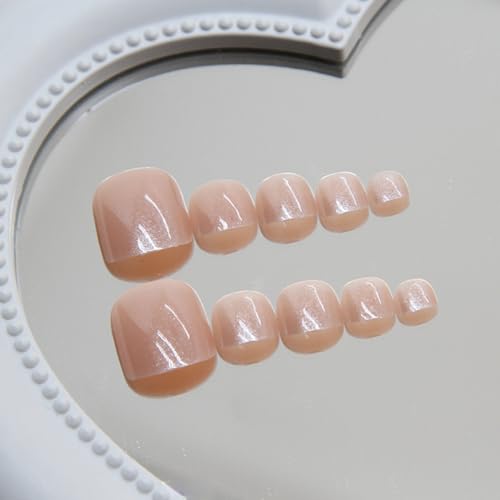 Image of Chrome Press on Toenails Short Square Fake Toenails Glossy White Pink Aurora Toe Nail Press ons Sheer Shiny Stick on Toe Nails for Women Summer Manicure 24Pcs