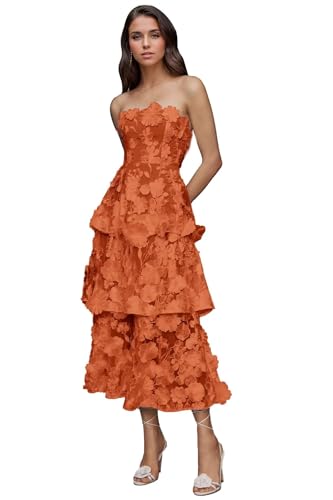 3D Floral Embroidery Prom Dresses Strapless Ruffle Tiered Midi Formal Party Gowns Tea Length Wedding Guest Dress